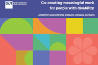 Cover image for a QUT toolkit titled Co-creating meaningful work for people with disability, featuring colourful geometric shapes.